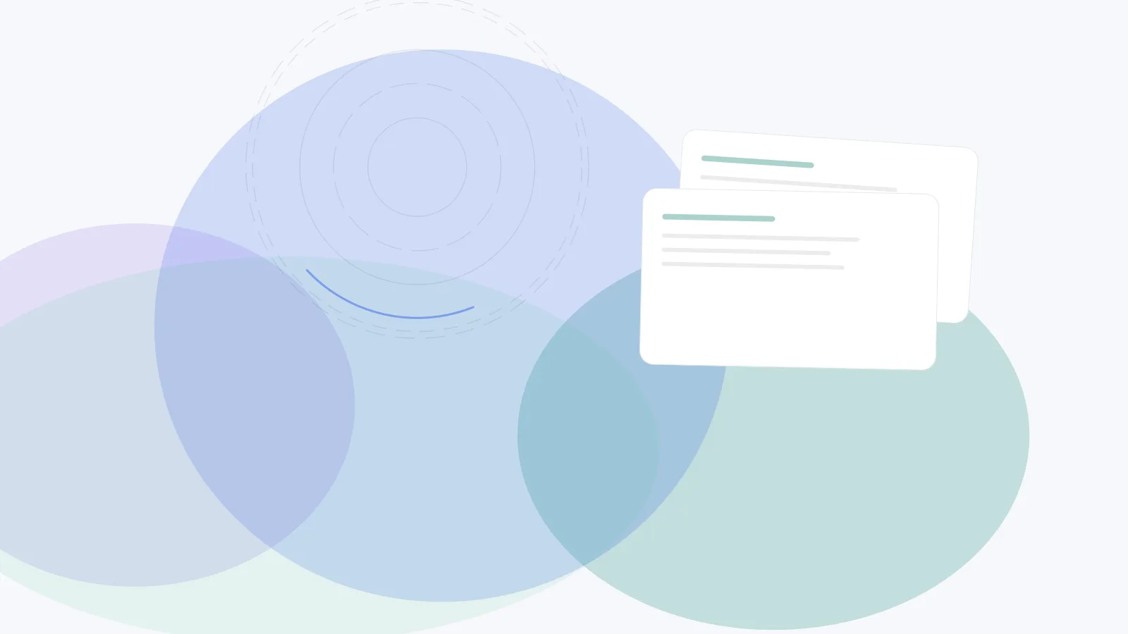 Abstract cover for What to Include in a Security Trust Packet: overlapping review panels and a ring motif in teal, blue, and violet.
